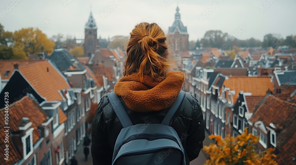 Fototapeta premium Woman with Backpack Gazing at European Cityscape