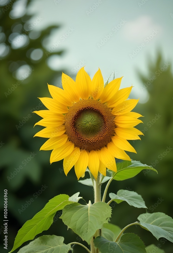 A large yellow sunflower with green leaves against a blurred green background A large yellow sunflower with green leaves against a blurred green background