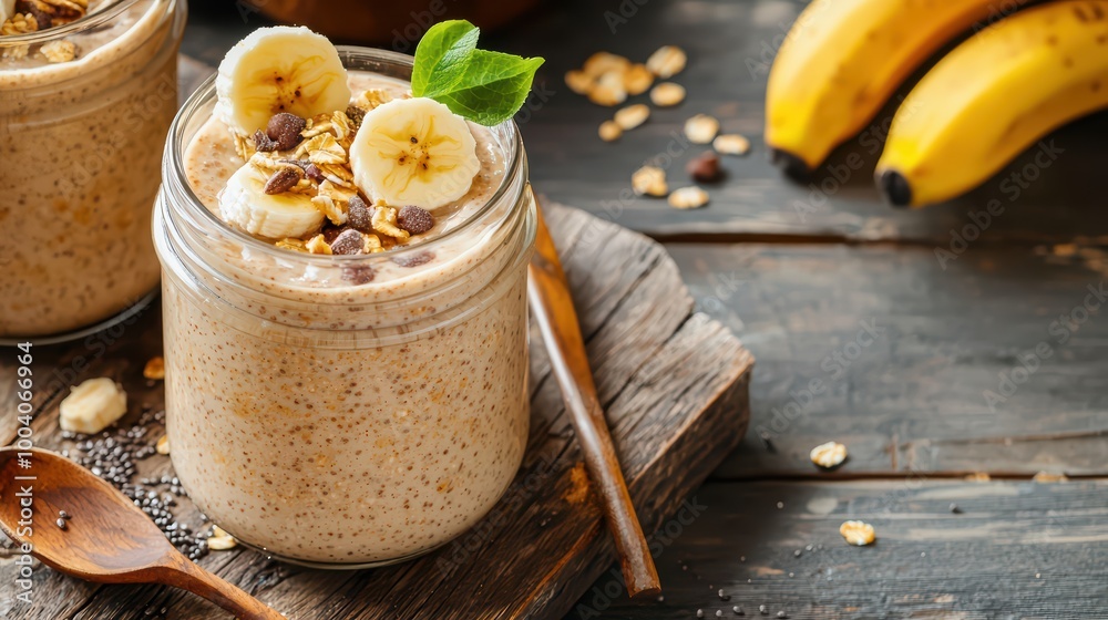 Delicious Banana Chia Pudding with Chocolate and Granola Delicious Banana Chia Pudding with Chocolate and Granola