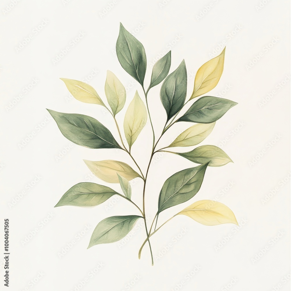 Fototapeta premium A delicate illustration of green and yellow leaves on a soft background.