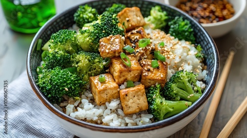 Delicious Tofu Bowl with Broccoli, Rice and Sesame Seeds