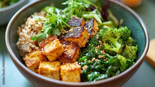 Delicious Tofu Bowl with Brown Rice, Broccoli & Greens