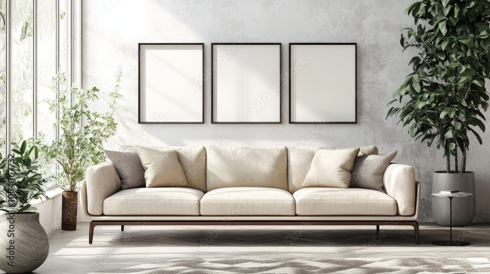 Three-dimensional rendering of a blank canvas in a modern living room interior with a beige sofa, wooden floor, wall panel, and cactus. Three-dimensional rendering of a blank canvas in a modern living room interior with a beige sofa, wooden floor, wall panel, and cactus.