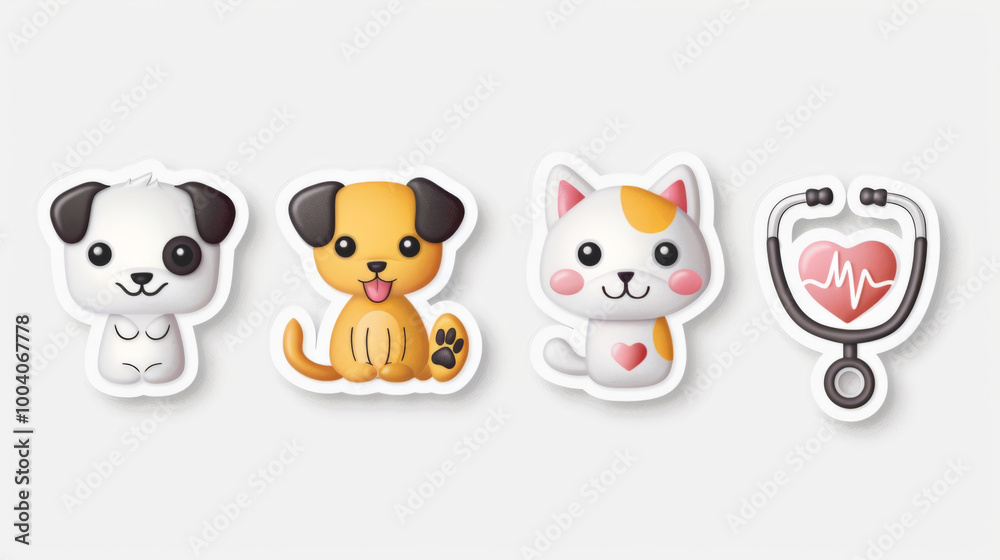 Adorable pet stickers with dog, cat, and stethoscope Adorable pet stickers with dog, cat, and stethoscope