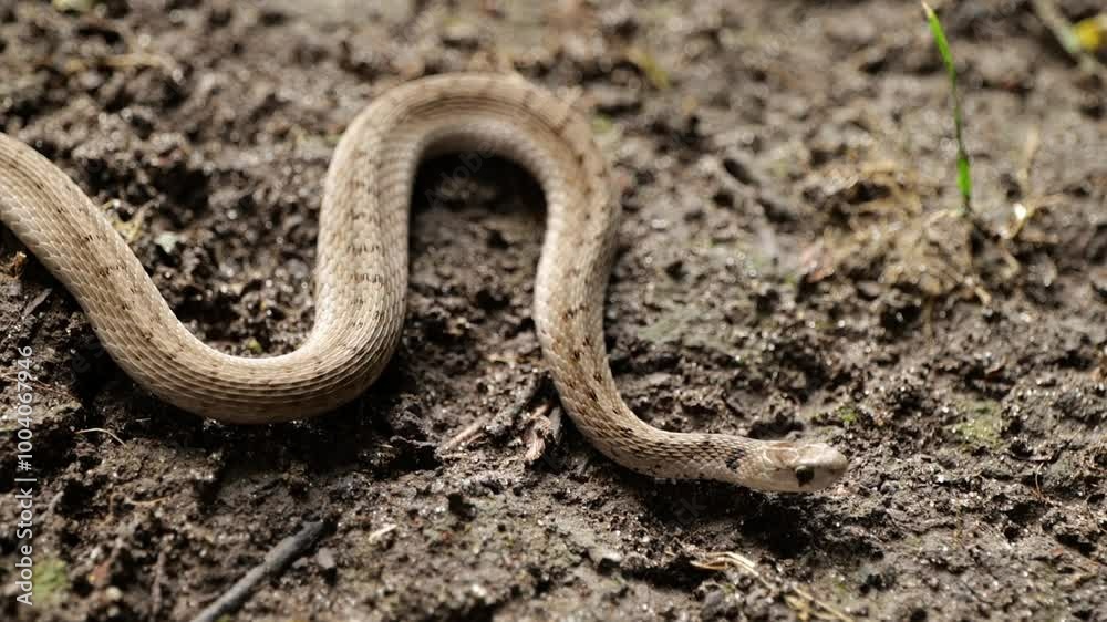 Wild Brown Snake Laying on Ground in the Dirt with Ants Nearby in Michigan Wild Brown Snake Laying on Ground in the Dirt with Ants Nearby in Michigan