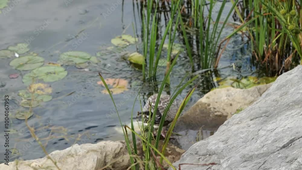 Seagull Stands on Rocks and Eats Fish with Lilypads on the Water in Michigan Harbor Seagull Stands on Rocks and Eats Fish with Lilypads on the Water in Michigan Harbor