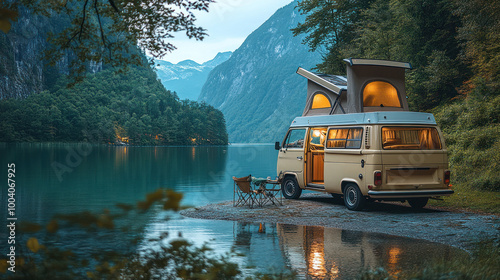 Retro camper van with raised roof by forested lake photo