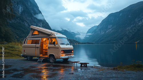 Classic camper van parked at lakeside with pop-top roof photo