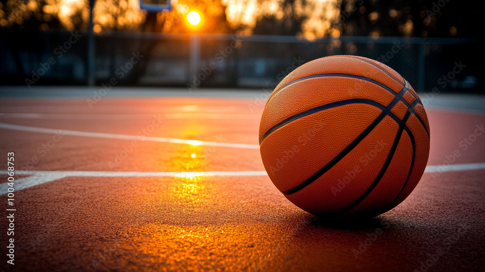 Close-up of basketball on an outdoor court at sunset, with a hoop in the background, capturing the quiet moment before the game. Close-up of basketball on an outdoor court at sunset, with a hoop in the background, capturing the quiet moment before the game.