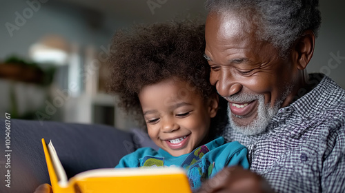 joyful moment shared between grandfather and his grandchild as they read book together, showcasing love and connection in cozy setting. 