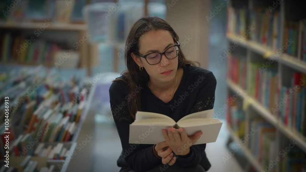 A woman deeply engaged in her reading while surrounded by countless books in a library A woman deeply engaged in her reading while surrounded by countless books in a library