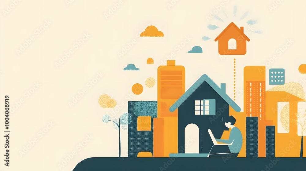 Work from Home Concept Illustration   Remote Worker  Laptop  Cityscape  House  Clouds