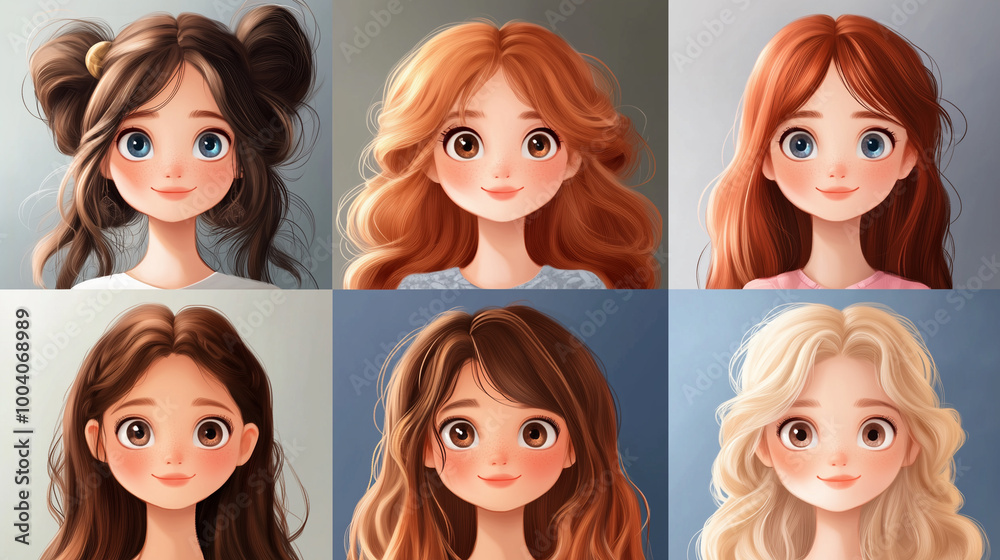 collection of six animated characters with various hairstyles and hair colors, showcasing diversity in appearance and expression. Each character has large, expressive eyes and friendly demeanor. collection of six animated characters with various hairstyles and hair colors, showcasing diversity in appearance and expression. Each character has large, expressive eyes and friendly demeanor.