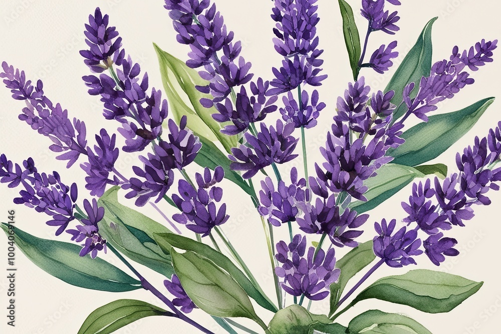 Obraz premium Elegant Watercolor Botanical Illustration Featuring Lavender Blooms and Olive Leaf Accents for Event Invitations and Decor