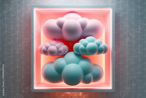 Three-Dimensional Pastel Clouds Framed in a Radiant Square with Neon Glow and Elegant Geometric Wallpaper photo