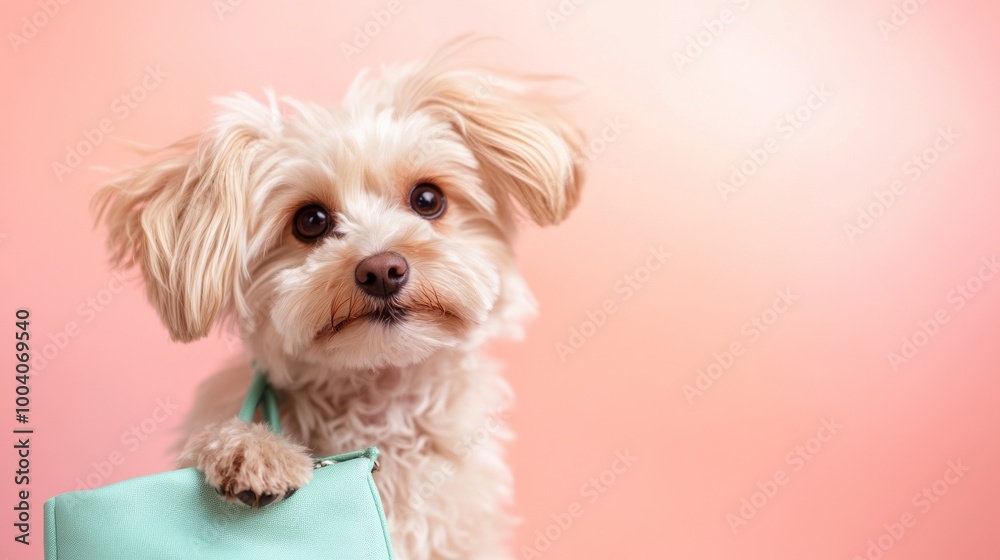 Fluffy dog with mint handbag in soft coral setting. Fluffy dog with mint handbag in soft coral setting.