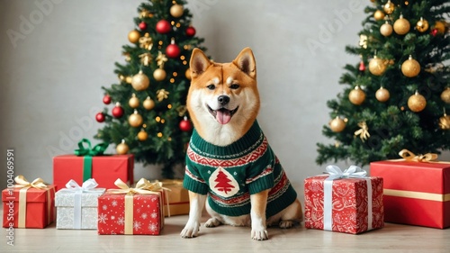 Akito inu dog in sweater, Christmas tree and gift boxes	 photo