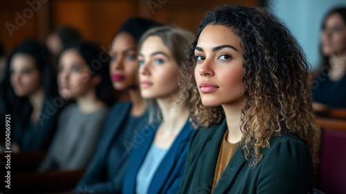 A group of women in a courtroom, waiting for justice to be served, with a focus on the emotions of determination and hope. Ai generated