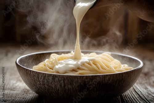 Creamy Sauce Pouring Over Steaming Spaghetti in Bowl