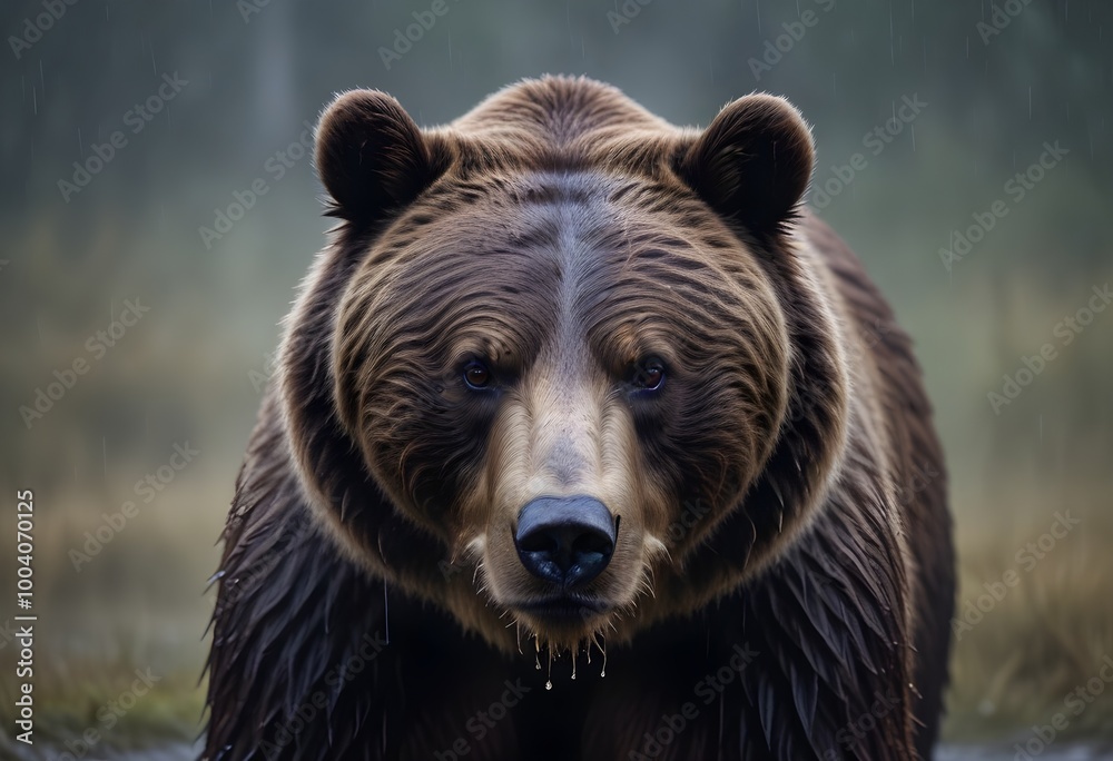 A bear with piercing eyes and a wet snout, set against a blurred, rainy background A bear with piercing eyes and a wet snout, set against a blurred, rainy background