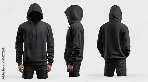 3D rendering of three black hoodie mockups, isolated on a gray background. Created with Ai