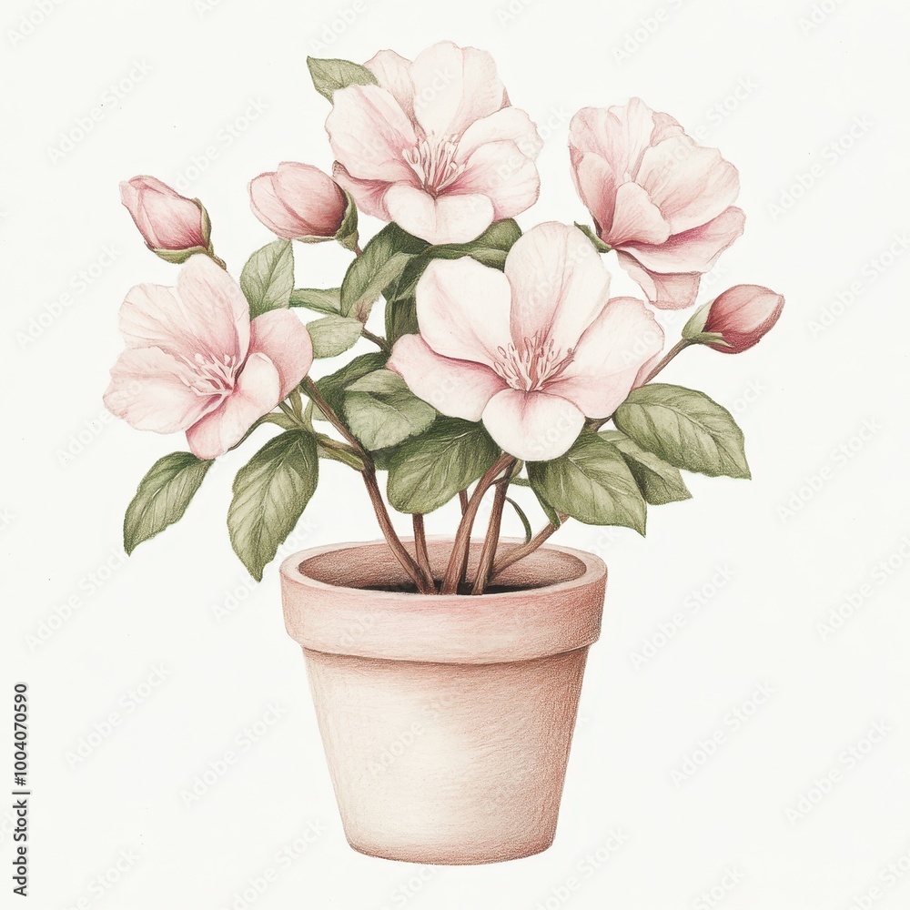Naklejka premium A delicate illustration of pink flowers in a terracotta pot.
