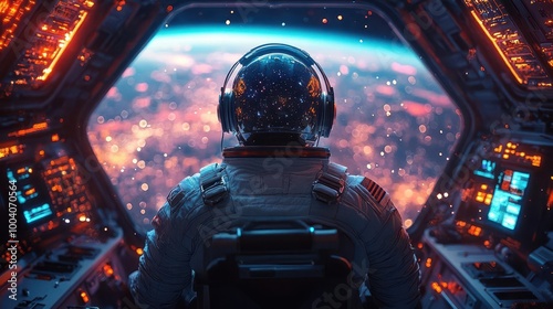 Fototapeta Naklejka Na Ścianę i Meble -  an astronaut in a space station wearing headphones gazing out at the vastness of space the scene captures the solitude and wonder of exploring the universe highlighted by twinkling stars