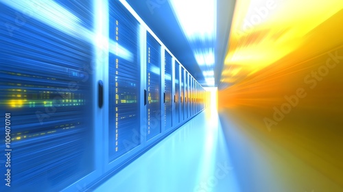 Futuristic Server Room Corridor with Bright Light at the End