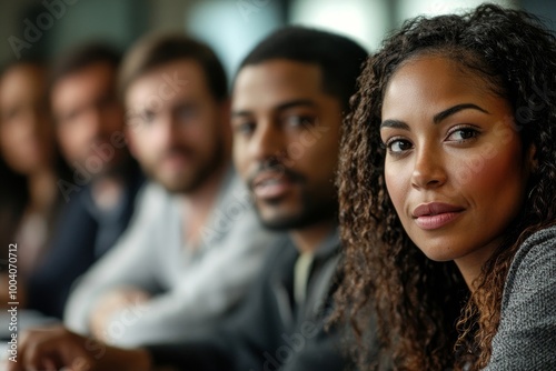 A diverse group of Black, White, Hispanic, and mixed individuals collaborate in a business meeting. Ideal for themes of workplace diversity, teamwork, Generative AI