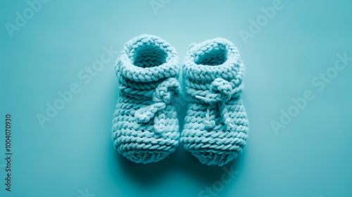 newborn announcement concept knitted booties on aquamarine background