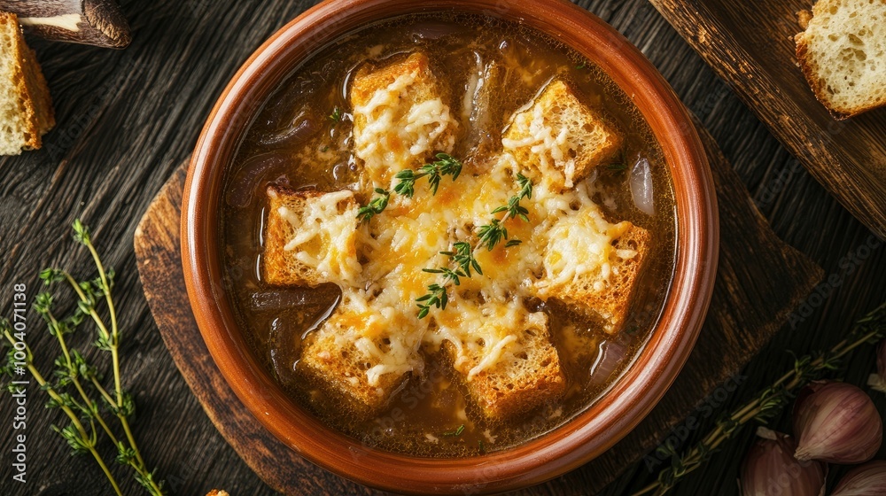 A cozy bowl of French onion soup viewed from above, garnished with golden cheese croutons and fresh thyme, creating a warm and inviting culinary atmosphere. - A cozy bowl of French onion soup viewed from above, garnished with golden cheese croutons and fresh thyme, creating a warm and inviting culinary atmosphere. -