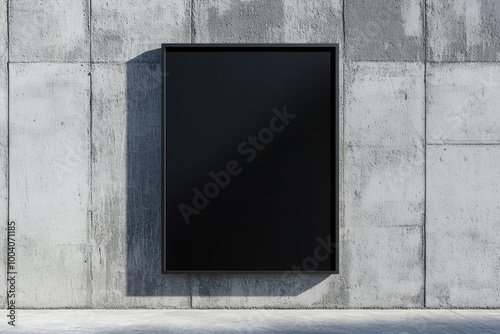  A mockup of an empty black square frame on the side wall of a grey concrete building. Created with Ai
