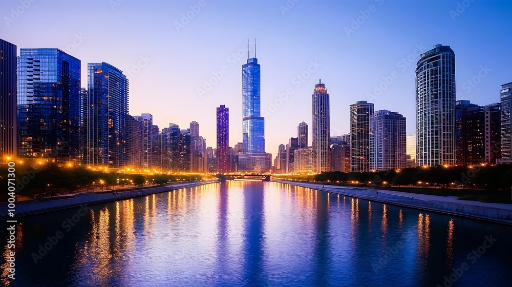 Fototapeta premium Chicago Skyline Dusk Cityscape with River Reflections