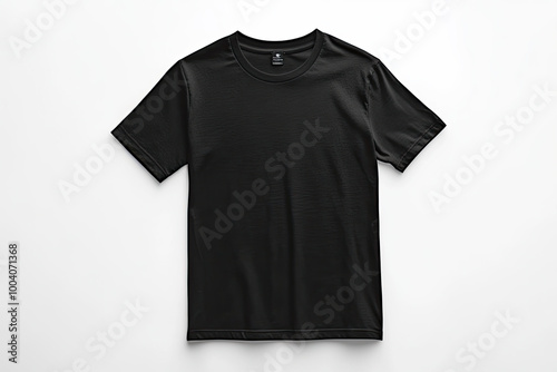 Black T-shirt mockup template on a white background, flat lay view from above. Created with Ai