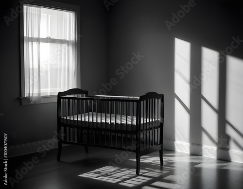 A black and white image of an empty baby crib in a dimly lit room, with sunlight streaming through a window and casting shadows on the floor
