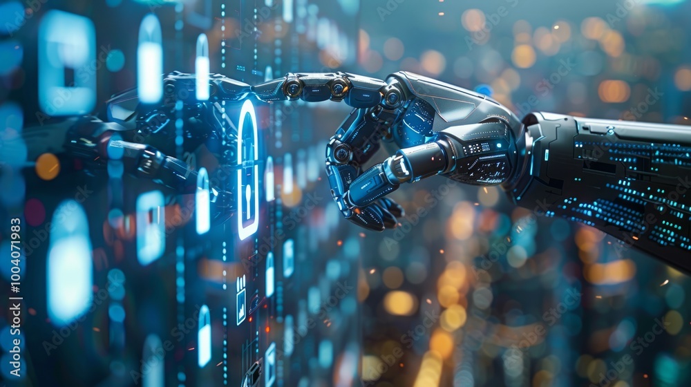 Digital background featuring a robot hand pointing at a padlock symbol on a blue digital screen with a cityscape, a futuristic technology concept for business and security