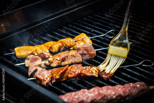 Grilled Kebab From Fresh Meat Pork Cooking On Metal Skewer Outdoors grill steak