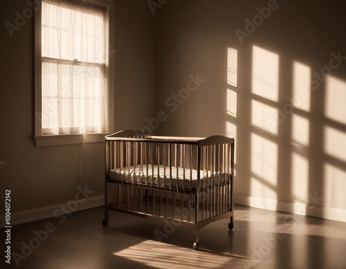A black and white image of an empty baby crib in a dimly lit room, with sunlight streaming through a window and casting shadows on the floor