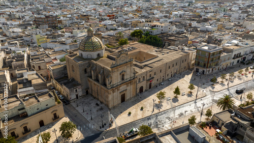 Aerial view of the Church of Santa Maria di Costantinopoli located in Manduria, in the province of Taranto, Italy. It is located in the main street of the city. It has a neoclassical facade.