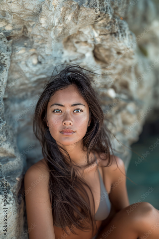 Serene Portrait of a Young Woman Relaxing by Coastal Rocks Serene Portrait of a Young Woman Relaxing by Coastal Rocks