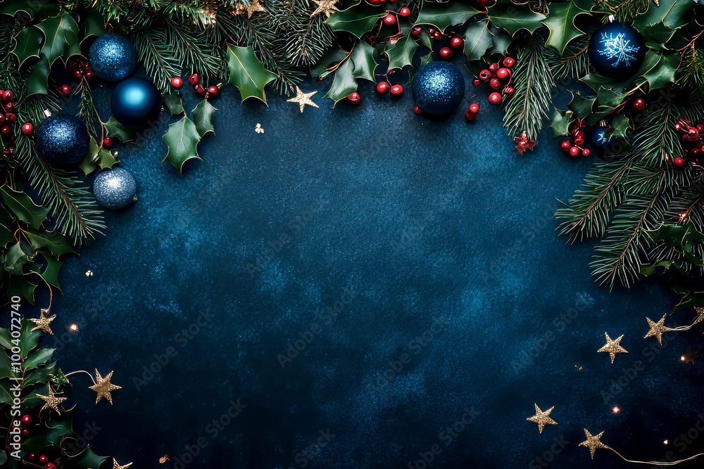 Festive Christmas background with holly, pine branches, and blue ornaments on dark surface