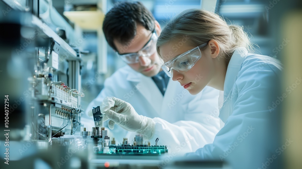 Researchers conduct experiments in a modern laboratory, utilizing precision instruments to analyze samples and gather data