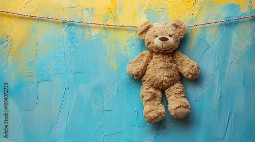 Old teddy bear drying on a string isolated on colorful background photo