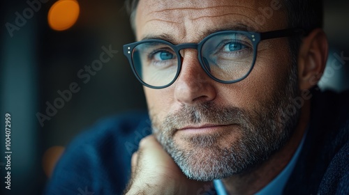 Close-up of mature man with glasses looking thoughtfully at the camera. Serious expression, deep contemplation, eyewear fashion, intelligent man with a graying beard, blurred background