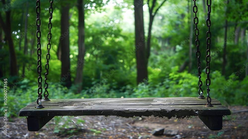 Naklejka premium Old wooden swing outdoor with dusty and old iron chain among green trees in the park