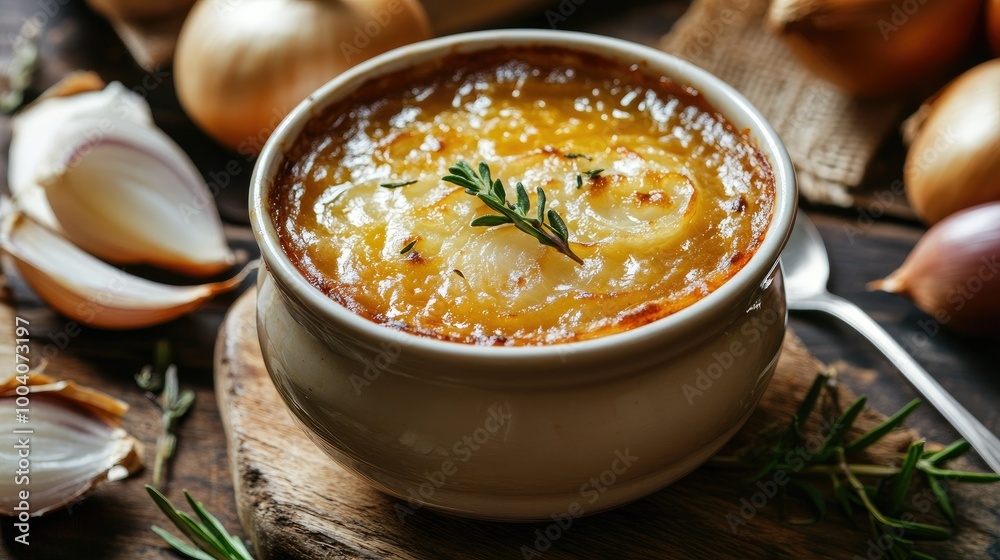 A delightful top view of French onion soup, showcasing the vibrant onions and fresh thyme, presented in an elegant bowl A delightful top view of French onion soup, showcasing the vibrant onions and fresh thyme, presented in an elegant bowl