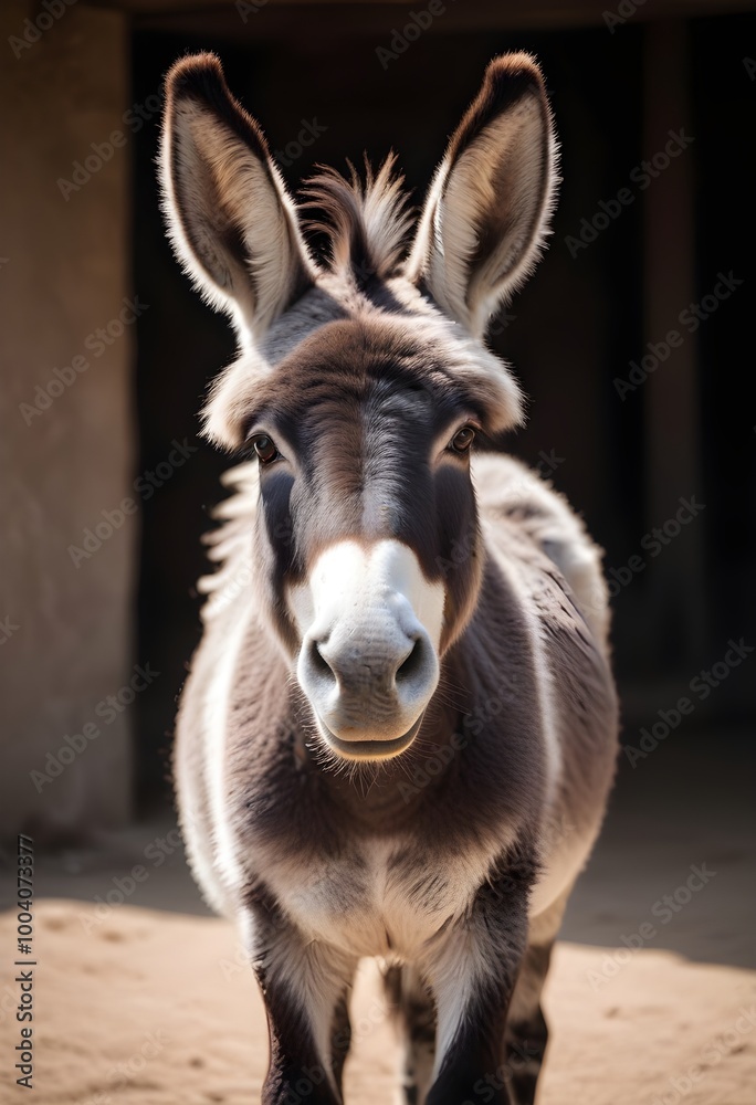 Obraz premium A donkey with large ears, looking directly at the camera with a friendly expression