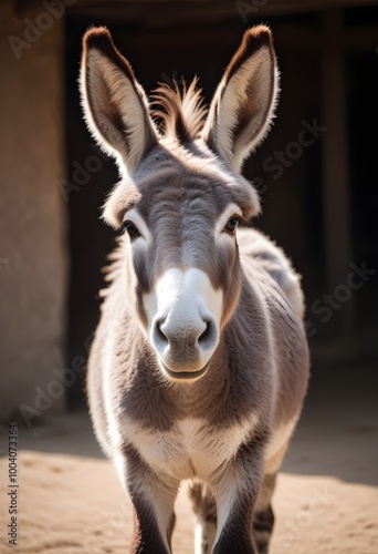 A donkey with large ears, looking directly at the camera with a friendly expression