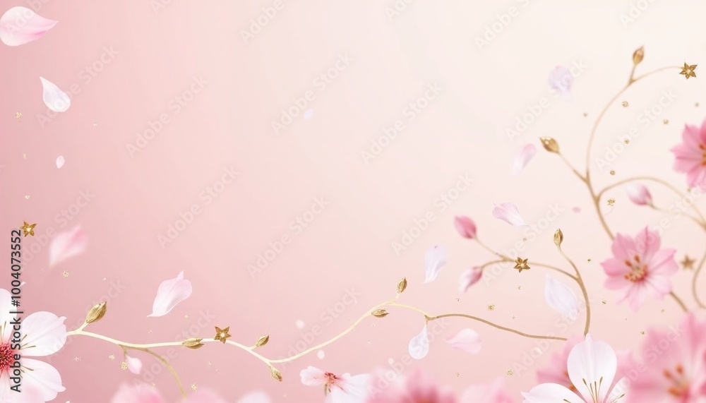 Fototapeta premium Cherry Blossom Petals and Gold Twigs on Pink Background