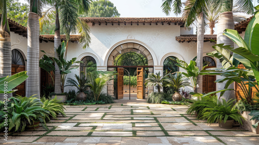 A luxurious Mediterranean-style villa with a spacious courtyard featuring palm trees, lush greenery, and a stone patio. A luxurious Mediterranean-style villa with a spacious courtyard featuring palm trees, lush greenery, and a stone patio.